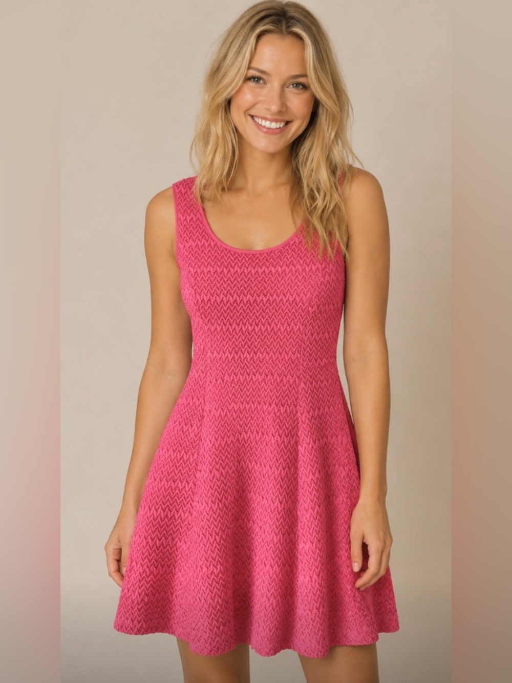 SUZY SHIER Bright Pink Textured Knit Sleeveless Fit-and-Flare Mini Dress
